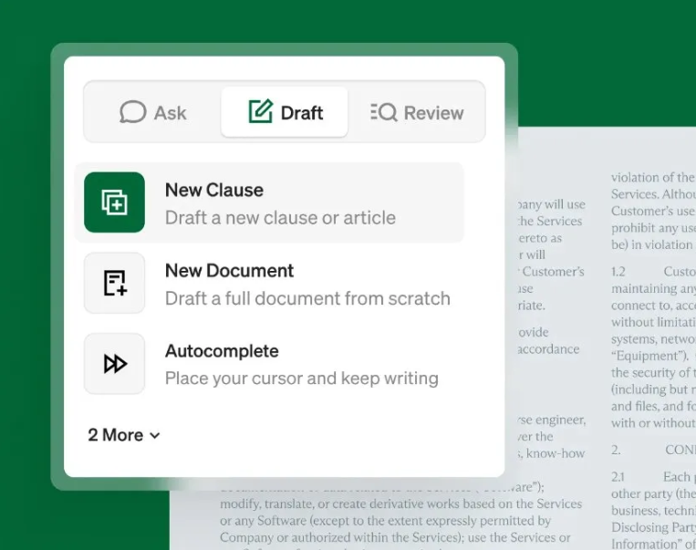Spellbook interface showing Draft, Ask, Review tabs inside a legal document
